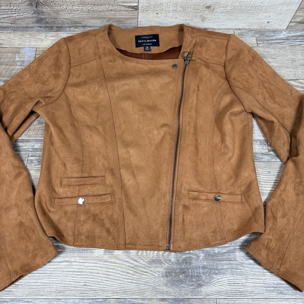 Haute Monde Faux Suede Moto Woman's Extra Large XL Brown Full Zip Jacket